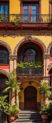 Colonbian architecture, vibrant colors, ornate facades, intricate stone carvings, Baroque style, grand entrance, arched windows, balconies with iron railings, red-tiled roofs, palm trees surrounding, 