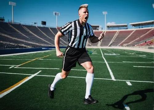 Referee, sports uniform, whistle, athletic build, muscular arms, strong legs, black shoes, white socks, fitness tracker, sporty hairstyle, serious facial expression, running, jumping, gesturing, outdo