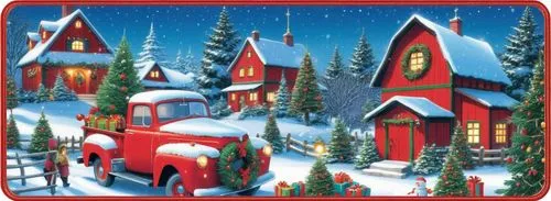 圣诞小屋圣诞树圣诞礼物雪花矢量图,christmas scene with an old truck on a snowy road,christmas snowy background,christmas travel trailer,santa's village,houses clipart,christmas landscape,winter village,Illustration,Ja