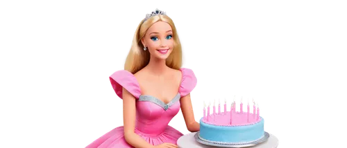 Barbie doll, blonde hair, pink dress, tiara, sparkly makeup, pink high heels, sitting on a pink cake, holding candles, big smile, bright blue eyes, soft focus, warm lighting, shallow depth of field, 3