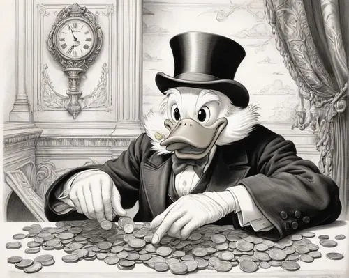 donald duck,watchmaker,donald,aristocrat,ringmaster,wealth,businessman,geppetto,glut of money,banker,greed,jigsaw puzzle,financial advisor,disney character,piggy bank,the duck,game illustration,wealthy,mickey mouse,silver coin,Illustration,Black and White,Black and White 30