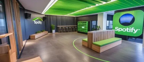 Spotify office space should be created to reflect Spotify’s green logo,spotify logo,spotify icon,spotify,shopify,modern office,company headquarters,conference room,meeting room,lobby,corporate headqua