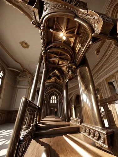 staircase,winding staircase,circular staircase,spiral staircase,knight pulpit,outside staircase,wooden stairs,stairway,stairs,banister,stair,pulpit,spiral stairs,stairwell,pipe organ,steel stairs,gold castle,wooden church,highclere castle,chamber