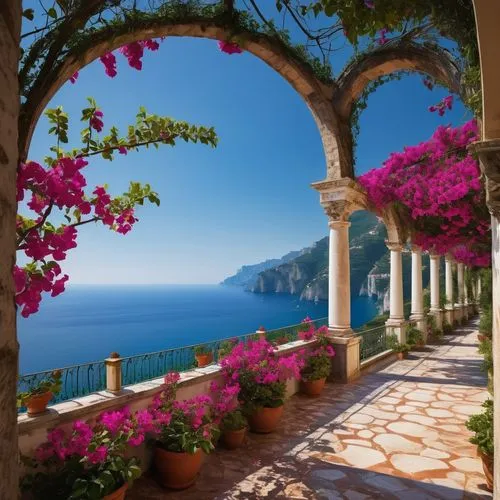 Italianate architecture, grand villa, Mediterranean Sea, Amalfi Coast, white marble columns, ornate balconies, symmetrical facade, rusticated stone walls, terra cotta roof tiles, lush greenery, bougai