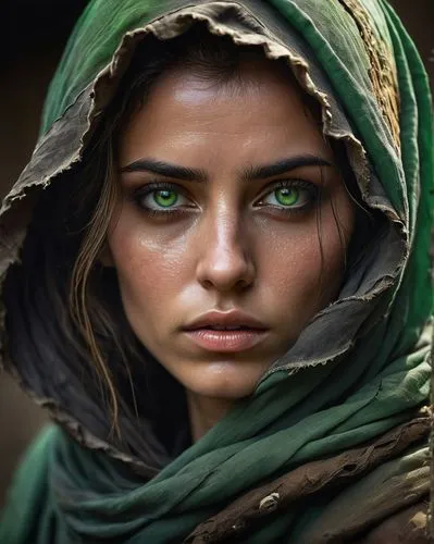 green eyes,regard,women's eyes,female warrior,mystical portrait of a girl,golden eyes,bedouin,islamic girl,ancient egyptian girl,warrior woman,arabian,indian woman,elven,girl in cloth,fantasy portrait,arab,woman portrait,woman face,heterochromia,the enchantress,Conceptual Art,Fantasy,Fantasy 15