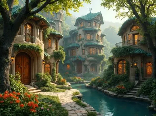 rivendell,fantasy landscape,dreamhouse,fairy tale castle,ancient house,house in the forest,fantasy picture,beautiful buildings,fairytale castle,fantasy art,beautiful home,apartment house,home landscape,forest house,3d fantasy,townhouse,wooden houses,knight village,witch's house,gables,Photography,General,Realistic