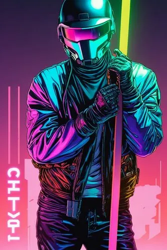 Color the drawing in post-apocalyptic, cyberpunk, vaporwave style,a person with a neon colored background holding a stick,cyberpatrol,mute,popchanka,cyber,cybersmith,timecop,Photography,Documentary Ph