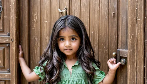 In the middle of the day, in Saudi old town,  little girl strongly pushing an old brown wooden door with both hands, big close up on her hands.,girl praying,wooden door,little girl dresses,portrait ph