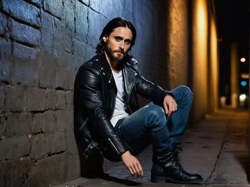 leather jacket,leather boots,artus,man on a bench,male model,deacon,leather,david garrett,leather shoe,leather shoes,johnnycake,rocker,black leather,lincoln blackwood,farro,daemon,athene brama,tom-tom drum,jeans background,portrait photography,Art,Classical Oil Painting,Classical Oil Painting 22