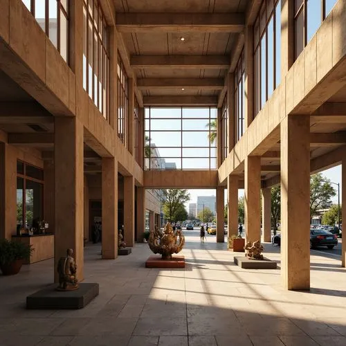 Earthy sienna tones, modernist architecture, clean lines, minimalist design, industrial materials, exposed concrete walls, steel beams, large windows, natural light, urban landscape, cityscape, busy s