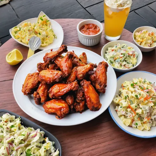 Hot wings, potato salad, coleslaw,chicken wings,cajun food,buffalo wing,fried chicken wings,chicken barbecue,food platter,seafood platter,puerto rican cuisine,starters,filipino barbecue,platter,delta 