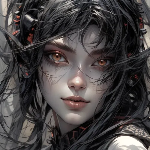 fantasy portrait,widow flower,vampire lady,red eyes,mystical portrait of a girl,blood maple,vampire woman,widow's tears,faerie,dark elf,faery,the enchantress,elven flower,coral bells,fallen petals,widowmaker,wilted,medusa,flora,fire red eyes