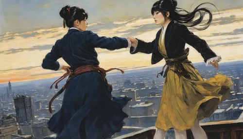 two girls,tsukemono,anime japanese clothing,aikido,geisha,jinrikisha,japanese art,young couple,above the city,japanese culture,aomoriya,courtship,ebi no shioyaki,japanese woman,yuzu,mukimono,young women,shirakami-sanchi,cool woodblock images,mikado,Art,Classical Oil Painting,Classical Oil Painting 09