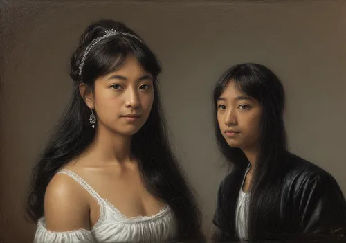 portrait,oriental longhair,two girls,oil painting,asian woman,young women,young couple,photo painting,bougereau,oil painting on canvas,asian semi-longhair,peruvian women,gothic portrait,chinese art,vi