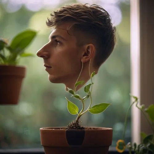 A cabeça de um homem jovem, de perfil, está brotando de uma planta plantada em um vaso,young man with young plant in flowerpot looking out window,frankmusik,hostplant,hostplants,horticulturist,money p