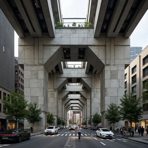 Exposed concrete columns, rugged textures, monumental scale, angular forms, fortress-like architecture, urban landscape, busy streets, city traffic, metropolitan atmosphere, industrial materials, stee