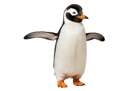 Adorable penguin, standing posture, black and white feathers, orange beak, cute eyes, waddling legs, flippers, Emperor penguin species, studio background, softbox lighting, high-key tone, 1/2 composit