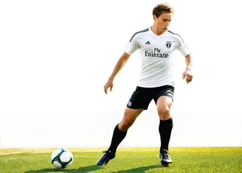 Kicking action, soccer player, male, athletic build, short hair, sweaty face, focused expression, white jersey, black shorts, shin guards, cleats, green grass, daytime, sunny weather, dramatic lightin