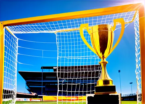 Soccer goal, metal frame, net attached, golden trophy on top, stadium lights reflecting, afternoon sun, dramatic shadows, 3/4 composition, shallow depth of field, vibrant color tone, cinematic lightin