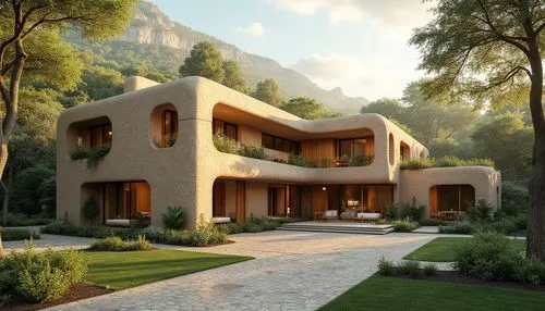 Villa metabolism design, brick material, modern architecture, luxurious villa, Mediterranean style, warm beige color, textured rough surface, irregular shape, rustic charm, greenery surroundings, lush