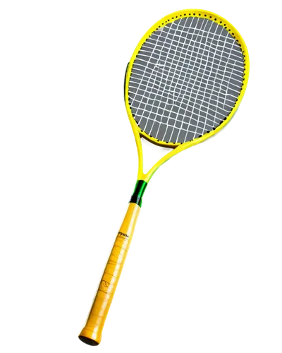 Tennis racket, sports equipment, wooden handle, yellow-green strings, metal frame, transparent background, angled view, close-up shot, dramatic lighting, shallow depth of field, realistic texture, ref