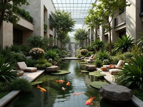 Lush tropical plants, serene water features, natural stone walls, glass roofs, modern minimalist architecture, indoor ponds, tranquil koi fish, gentle waterfalls, misting systems, humid climate contro