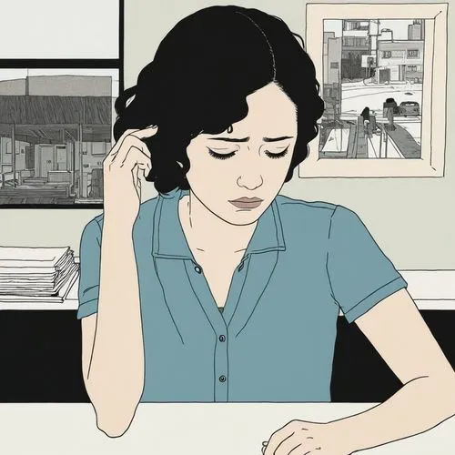 Show me the crying situations,a woman that is holding her head in her hands,phonogram,telephone operator,tatsuro,satrapi,kochiyama,clowes,postmistress,girl at the computer,stressed woman,farrokhzad,se