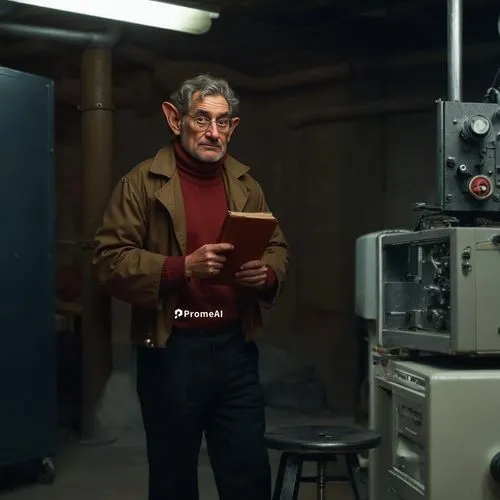 Old man in black pants in a basement next to a machine with buttons with a lever with desk and a chair ,a man standing in front of some machines,kieslowski,sokurov,bakula,deniro,man with a computer,pa