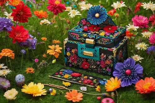 Craft an exuberant paraphrase set in a meadow with the element of laughter.,dahlia pinata,suitcase in field,fairy house,flower box,iranian nowruz,colorful floral,lego pastel,blanket of flowers,novruz,