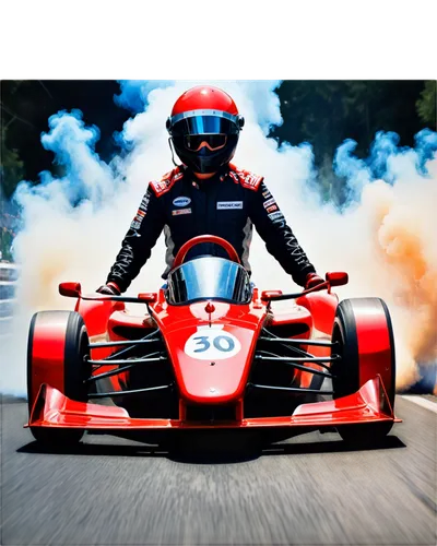 Racing car, low-angle shot, shiny red body, sporty wheels, loud revving sound, smoke coming out of exhaust pipe, aggressive driver, wearing helmet and sunglasses, 3/4 composition, dramatic lighting, c