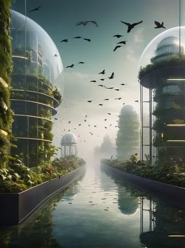 ecotopia,futuristic landscape,seasteading,terraformed,arcology,habitats,floating islands,artificial islands,futuristic architecture,biospheres,biosphere,biomes,cube stilt houses,terraforming,sky space concept,greenhouse effect,ecosystems,inhabitable,utopian,ecoterra,Illustration,Abstract Fantasy,Abstract Fantasy 05