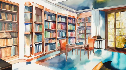 study room,reading room,watercolor background,study,watercolor cafe,bookshelves,watercolor tea shop,tea and books,bookcase,coffee and books,book wall,watercolor painting,bookshop,blue room,watercolor,