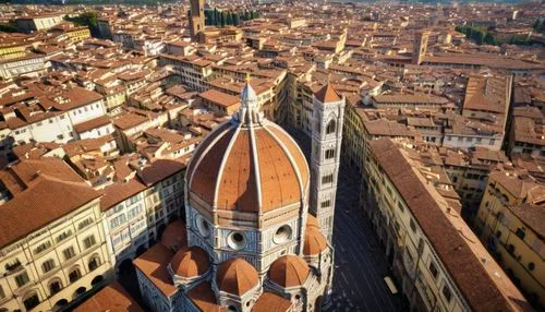 Florentine architecture, historic building, grandeur, ornate decorations, Gothic style, Renaissance influences, terracotta bricks, marble columns, intricate carvings, stained glass windows, dome-shape