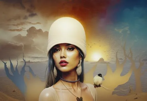 rain falling nude exotic looking far and away,a woman with long hair wearing a hat and birds in her hand,conical hat,the light bulb,the hat of the woman,conocybe,inocybe,the hat-female,photo manipulat