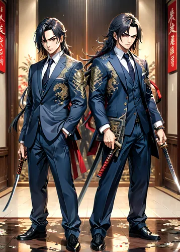 swordsmen,kings,business men,husbands,businessmen,two lion,musketeers,suits,sanshin,bird robins,wuchang,grooms,lancers,gentleman icons,mobster couple,samurai sword,martial arts uniform,navy suit,kenjutsu,knights,Anime,Anime,General