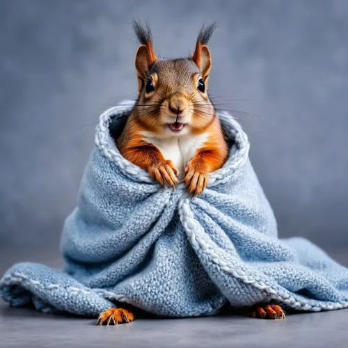 a cute squirrel sitting wrapped in a blanket with just his head showing on a grey background,relaxed squirrel,chilling squirrel,racked out squirrel,squirell,the squirrel,abert's squirrel,squirrel,anim