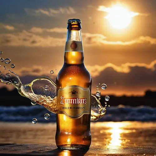 The iconic golden foaming bubbles of the beer bottle flutter in the air as it floats and dances in the night sky. At the center of the bottle, the sparkles of the sun pulsate, casting a warm glow on t