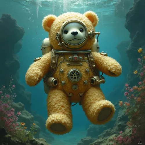 sea bear,3d teddy,aquanaut,scuba diving,underwater background,scuba,Conceptual Art,Fantasy,Fantasy 05