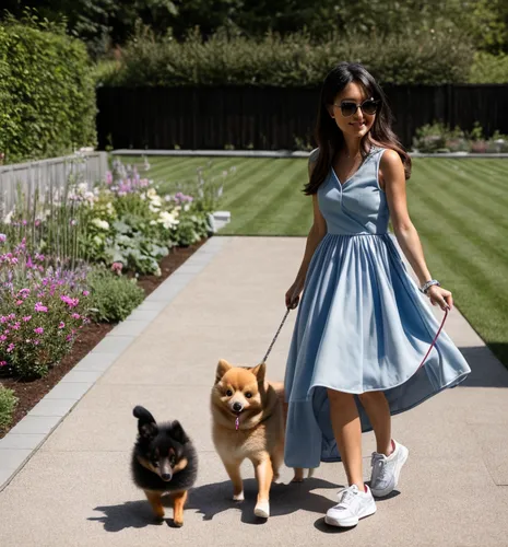 She walks with her pomeranian dog in the garden.  She plays with him and throws him a ball.  She wears a short blue dress and sneakers.,pomeranians,dog walker,behaving,kourtney,yountville,princess sof