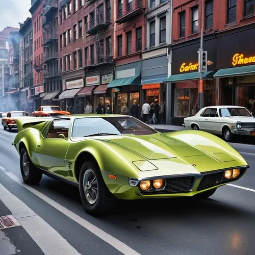 The sleek lines of a 1970s car glide through the streets of the city, leaving behind a trail of dust and debris. The car's metallic body gleams in the bright neon lights of the future, and its engine 