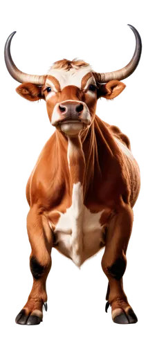 Texas Longhorns mascot, brown cow, muscular body, sharp horns, white patches on forehead, angry facial expression, standing proudly, front view, detailed fur texture, warm sunlight, shallow depth of f