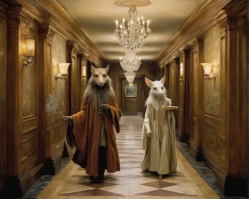 Write a scene in a luxury hotel hallway where guests in elegant attire pass by with a sense of grandeur and excitement.,two-horses,andalusians,arabian horses,afghan hound,two wolves,borzoi,domestic go