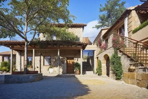 stone house with front porch and stairs, trees and shrubs,casabella,altos de chavon village,cyaxares,mougins,agritubel,provencal,Photography,General,Realistic