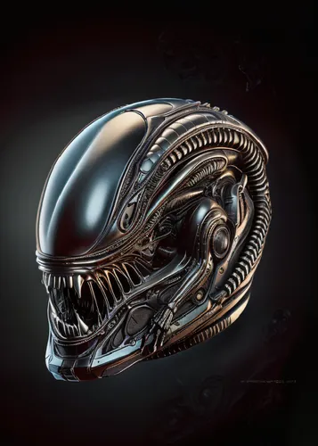 The camera slowly zooms in, partial close-up, slow motion speed,an alien mask with chrome details and dark background,giger,xenomorph,xeno,alien,alien warrior,reticuli