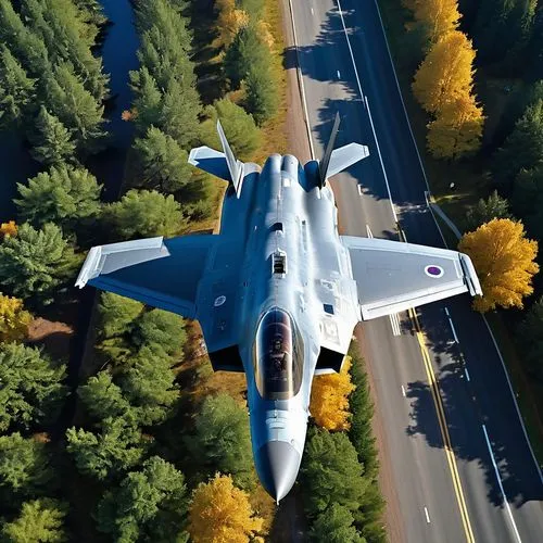 A U.S. F-35 Lightning II jet fighter of Norway is landing on a broad street in Finland surroundet by Finish trees,dassault mirage 2000,mikoyan mig-29,sukhoi su-35bm,dassault rafale,saab jas 39 gripen,