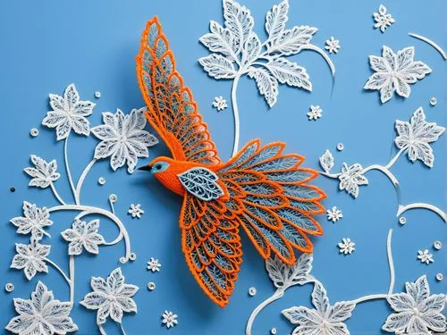 cuckoo bird made out of intricate orange Belgian lace against an ice-blue sky,paper art,orange butterfly,christmas snowflake banner,snowflake background,angel gingerbread,vintage ornament,glass orname