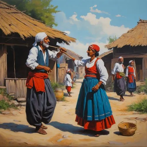 Rustic charm abounds,
Village life, a tranquil dance,
Whispers of the past.,khokhloma painting,peruvian women,folk costumes,pandero jarocho,anmatjere women,village scene,pilgrims,folk-dance,traditiona