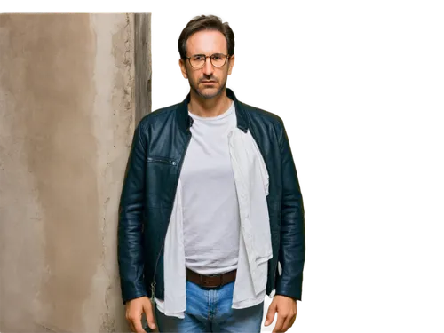 Lonely man, solo, mature adult, (35-45yo), unshaven, messy brown hair, glasses, worn-out clothes, jeans, white shirt, black leather jacket, hands in pockets, leaning against wall, melancholic facial e