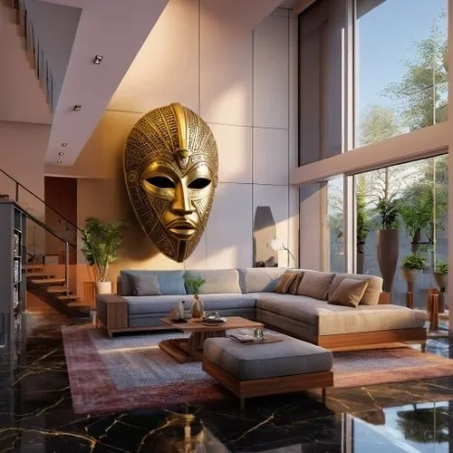 gold mask,golden mask,modern decor,luxury home interior,penthouse apartment,contemporary decor,interior modern design,great room,modern living room,living room,interior decor,livingroom,interior design,apartment lounge,african masks,luxury property,interior decoration,gold wall,crib,home interior