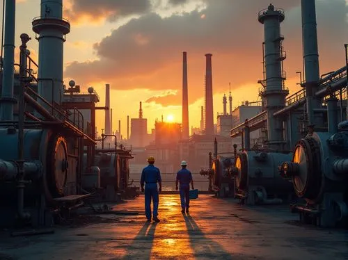 Industrial area, sunset time, warm orange lighting, metal pipes and valves, concrete floor, rusty machinery, factory buildings with large windows, cranes and pulleys, tall chimneys emitting smoke, wor